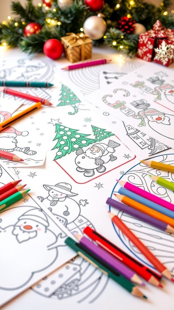 A collection of Christmas coloring pages with crayons and colored pencils on a festive table.